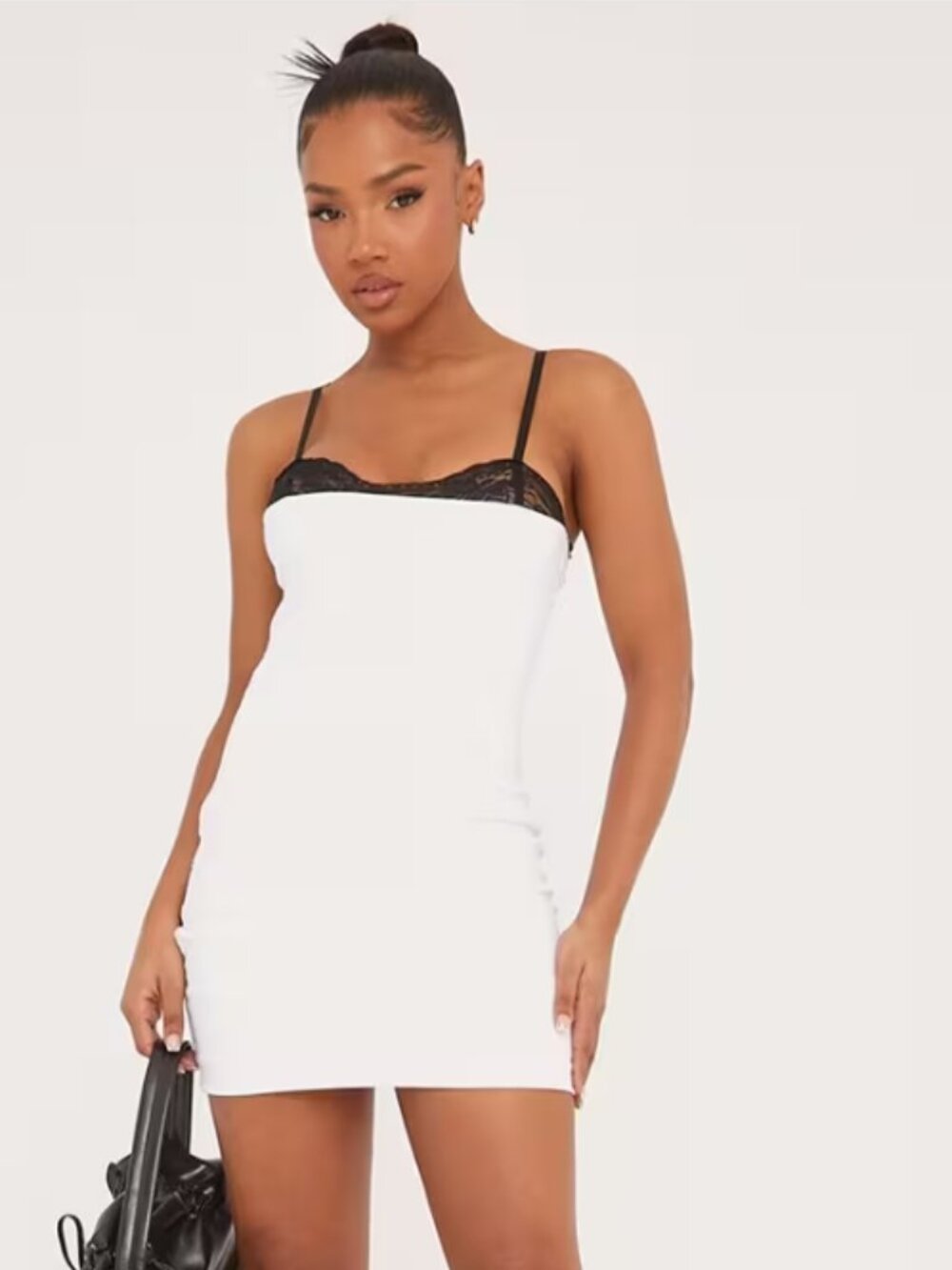 EGO Strappy Contrast Lace Bra Trim White Black Mini Bodycon Dress